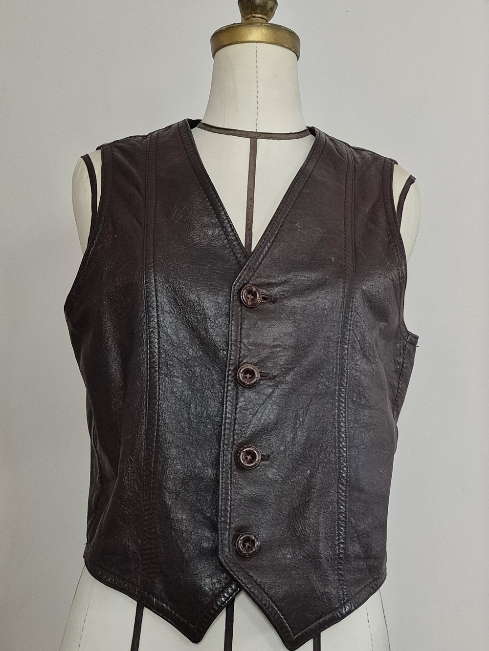 Men's Dark Brown Leather Vest - Classic Button Front